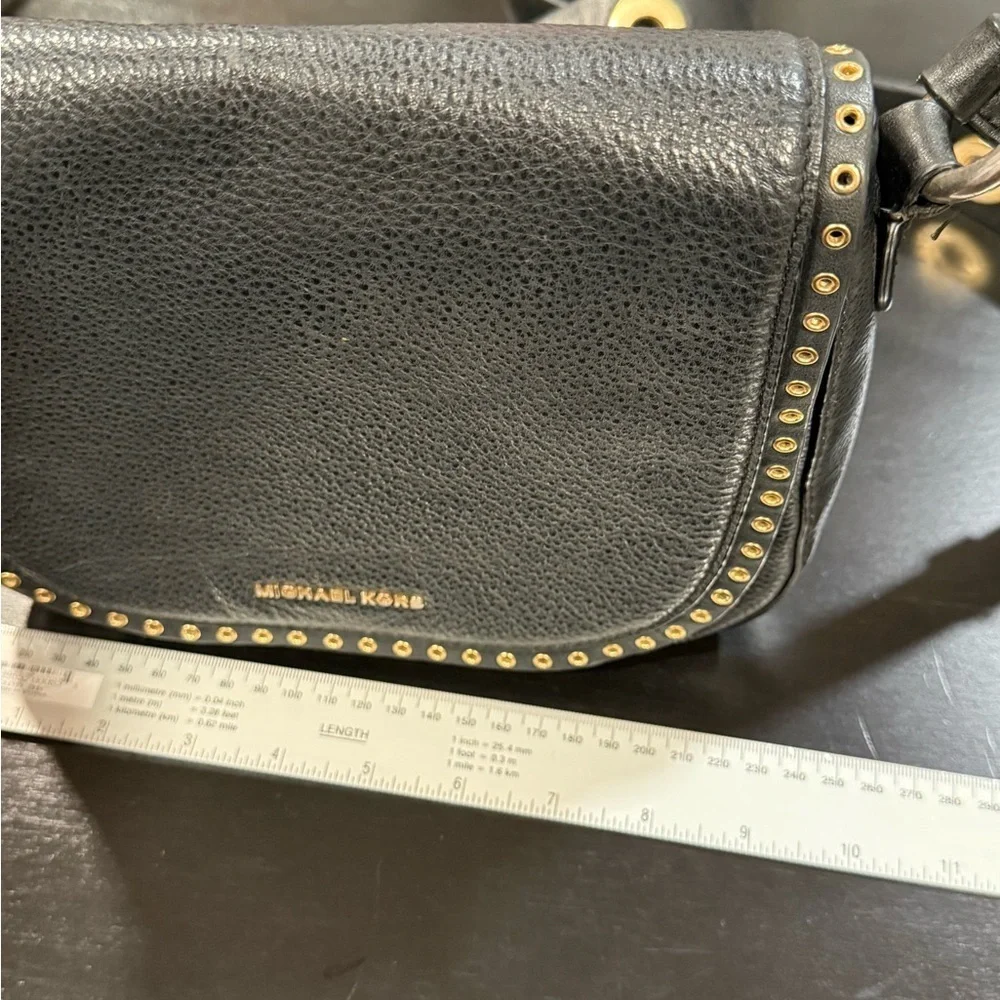 Michael Kors Brooklyn Black Gold Grommet Saddlebag Crossbody Purse Small